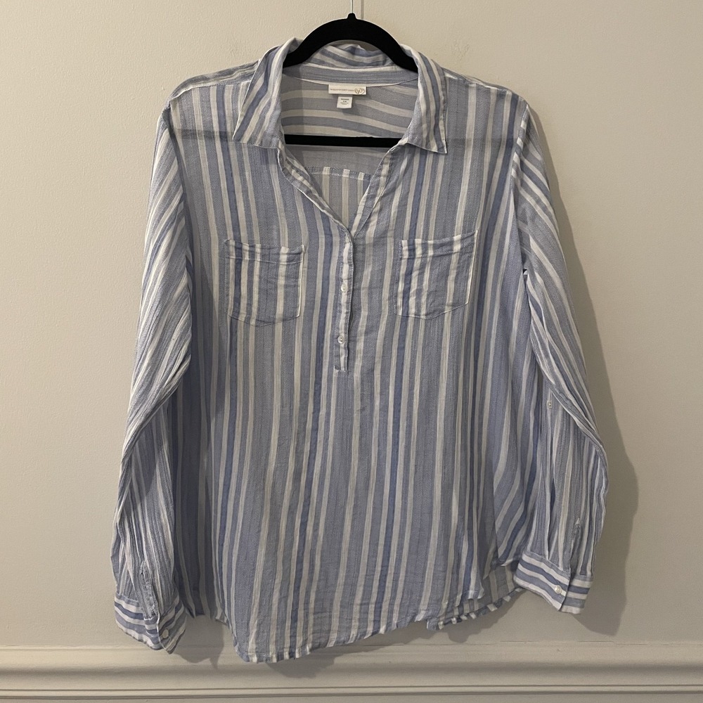 Westport 100% Cotton Striped‎ Popover Blouse 1X Nautical Resort Coastal Pockets
